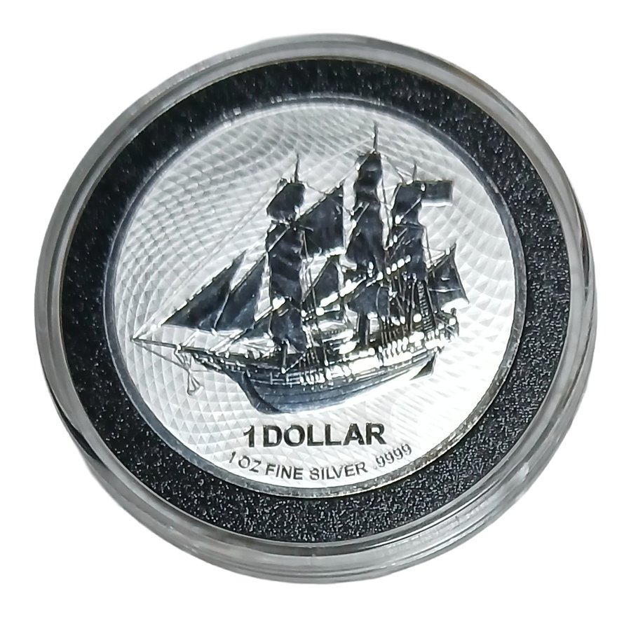 Cook Islands Bounty silver dollar reverse, HMS Bounty ship