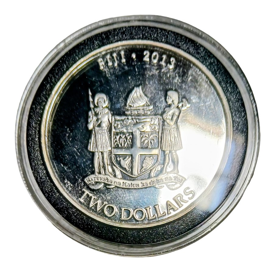 Fiji Taku silver dollar obverse, Fiji coat of arms, 2019