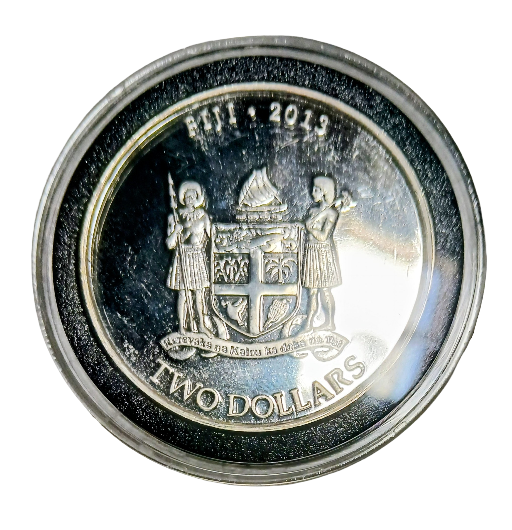 Fiji Taku silver dollar obverse, Fiji coat of arms, 2019