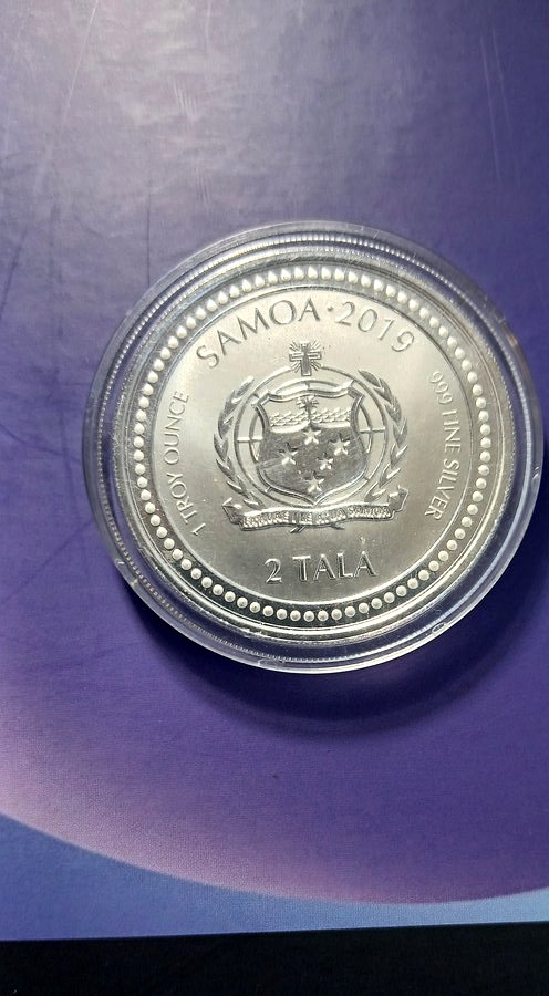 Samoa 2019 2 Tala obverse, coat of arms, 1 troy ounce fine silver