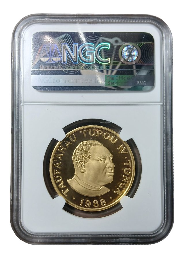 NGC-slabbed 1988 Tonga 10 Pa'anga, Taufa'ahau Tupou IV obverse