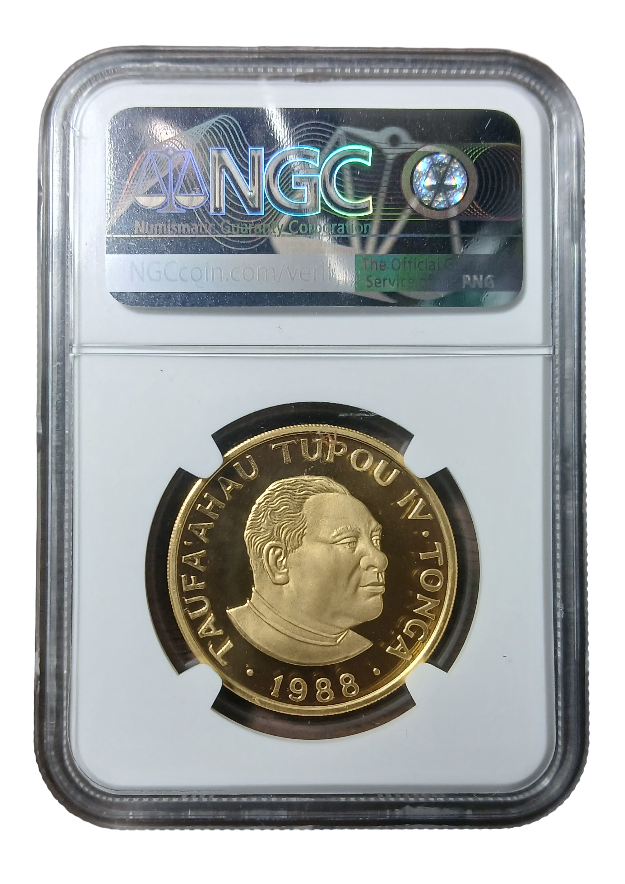 NGC-slabbed 1988 Tonga 10 Pa'anga, Taufa'ahau Tupou IV obverse