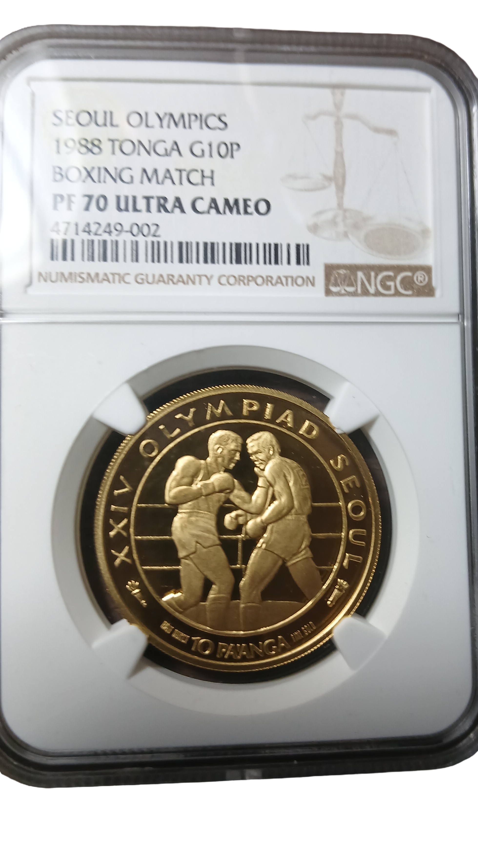 NGC-slabbed 1988 Tonga 10 Pa'anga, Boxing Match reverse, PF 70 Ultra Cameo label