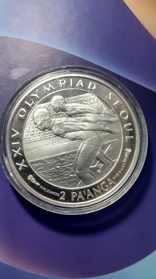 Tonga 1988 2 Pa'anga reverse, swimmers, XXIV Olympiad Seoul