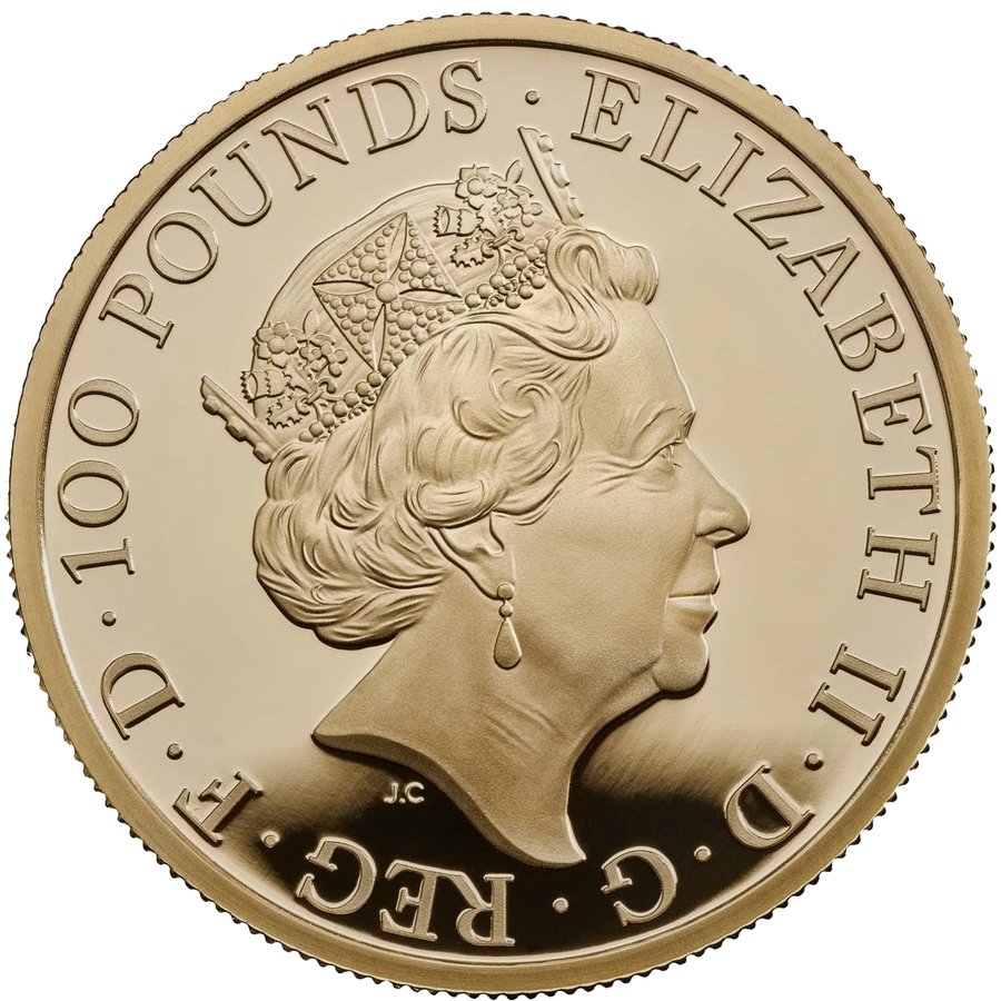 UK £100 gold coin obverse, Elizabeth II, Jody Clark effigy
