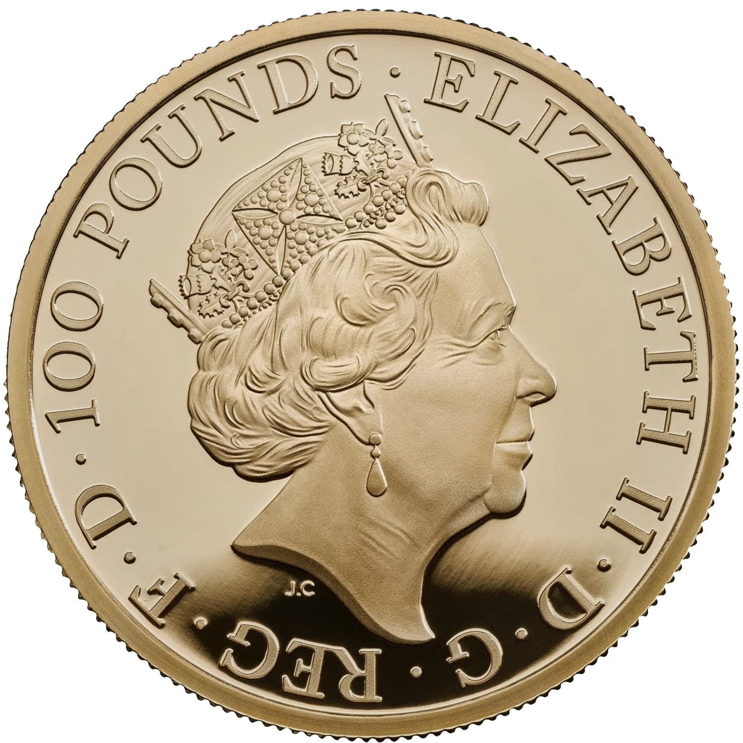 UK £100 gold coin obverse, Elizabeth II, Jody Clark effigy